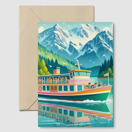 Colorful Ferry Boat Alpine Mountain Lake