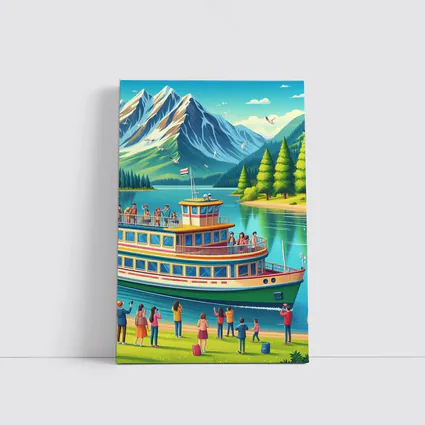 Ferry Boat Mountain Lake Cartoon Art