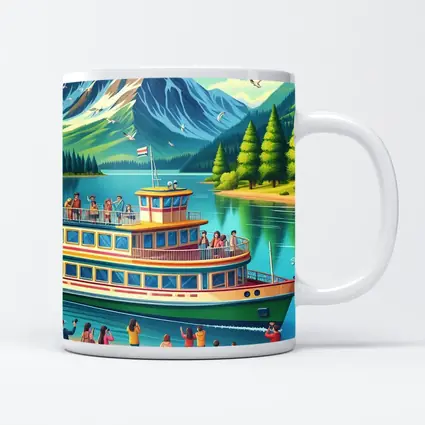 Ferry Boat Mountain Lake Cartoon Art