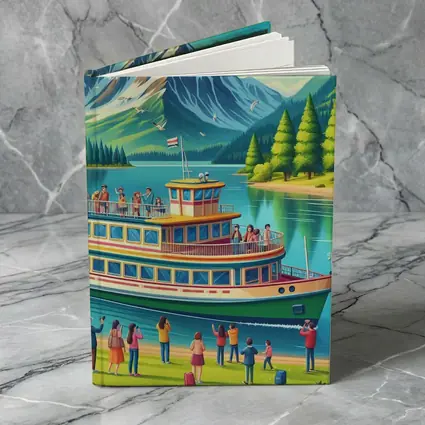 Ferry Boat Mountain Lake Cartoon Art