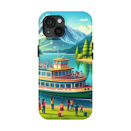 Ferry Boat Mountain Lake Cartoon Art