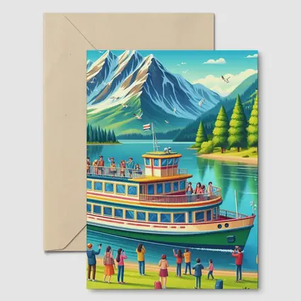 Ferry Boat Mountain Lake Cartoon Art