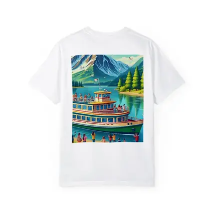 Ferry Boat Mountain Lake Cartoon Art