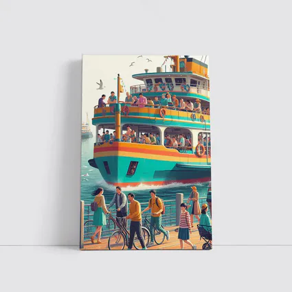 Colorful Ferry Boat Crowded Harbor Scene
