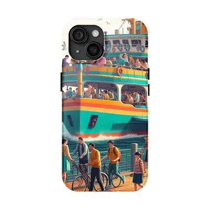 Colorful Ferry Boat Crowded Harbor Scene