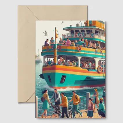 Colorful Ferry Boat Crowded Harbor Scene