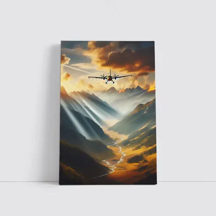 Airplane Flying Over Mountain Valley Sunset