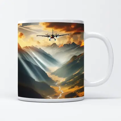 Airplane Flying Over Mountain Valley Sunset