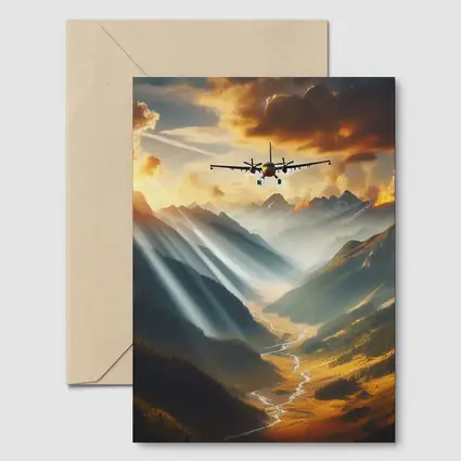 Airplane Flying Over Mountain Valley Sunset