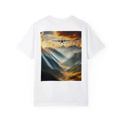 Airplane Flying Over Mountain Valley Sunset