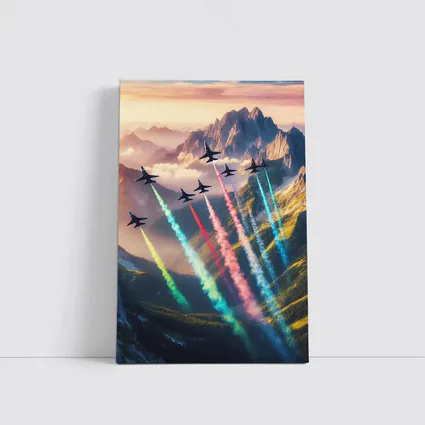 Fighter Jets Colorful Smoke Trails Mountain Sunset