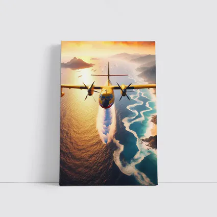 Yellow Turboprop Aircraft Flying Over Coastal Waters