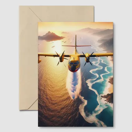 Yellow Turboprop Aircraft Flying Over Coastal Waters
