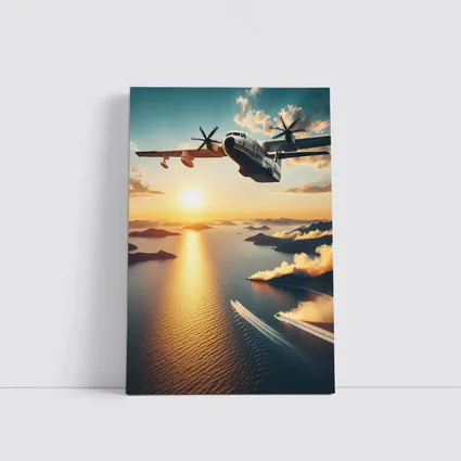 Military Turboprop Aircraft Flying Over Sunset Sea