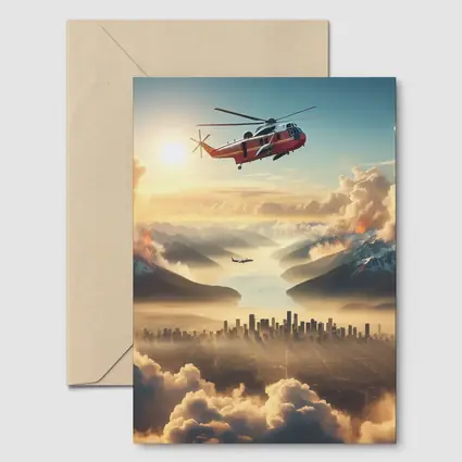 Search Rescue Helicopter Flying Over Misty City