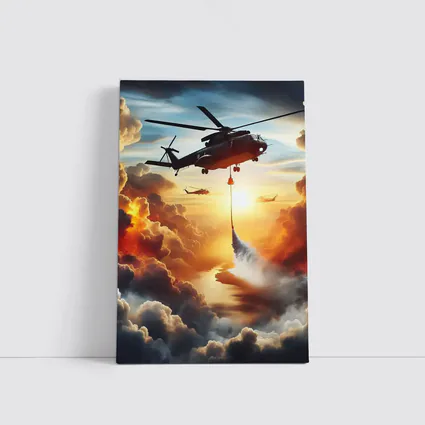 Firefighting Helicopter Dropping Water Sunset Clouds