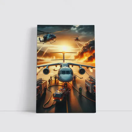 Airport Emergency Firefighters Helicopters Dramatic Sunset