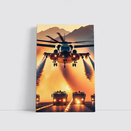Military Helicopter Convoy Fiery Mountain Sunset