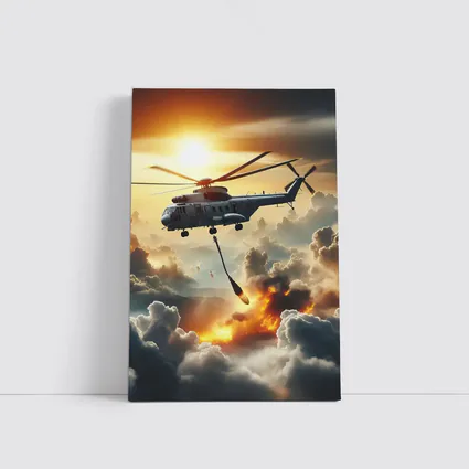 Military Helicopter Flying Over Fire Clouds
