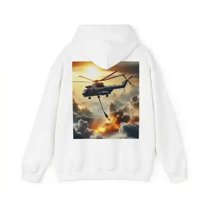 Military Helicopter Flying Over Fire Clouds