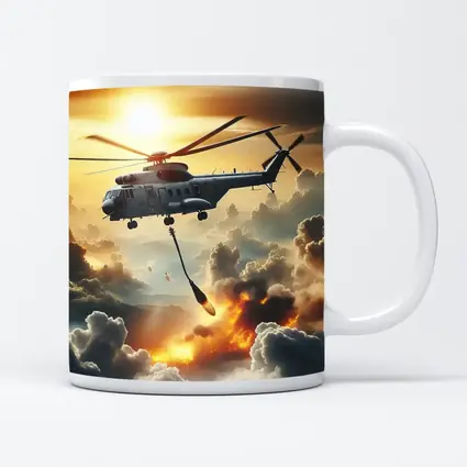 Military Helicopter Flying Over Fire Clouds