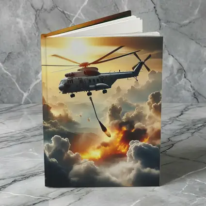 Military Helicopter Flying Over Fire Clouds