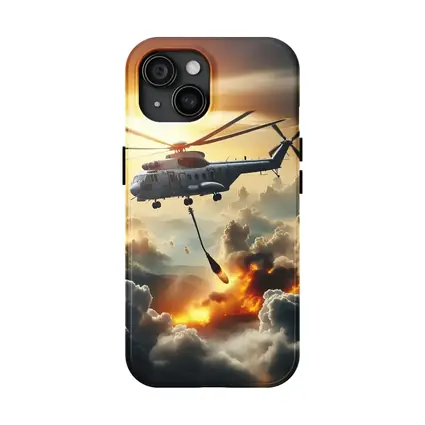 Military Helicopter Flying Over Fire Clouds