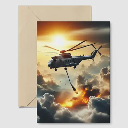 Military Helicopter Flying Over Fire Clouds