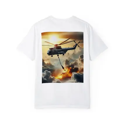 Military Helicopter Flying Over Fire Clouds