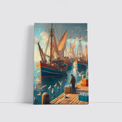 Fishing Boats Harbor Dock Seagulls Scene
