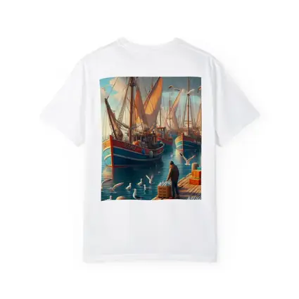 Fishing Boats Harbor Dock Seagulls Scene