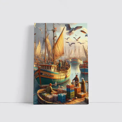 Fishing Harbor Boats Seagulls Coastal Scene