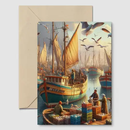 Fishing Harbor Boats Seagulls Coastal Scene