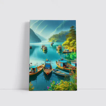Colorful Fishing Boats Turquoise Mountain Lake