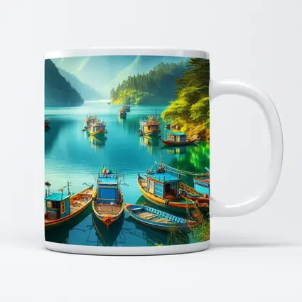 Colorful Fishing Boats Turquoise Mountain Lake