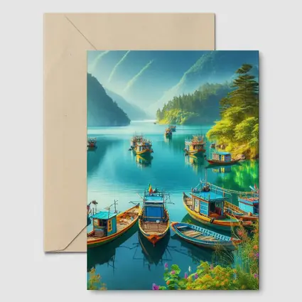 Colorful Fishing Boats Turquoise Mountain Lake