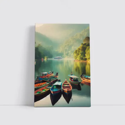 Colorful Boats on Misty Mountain Lake