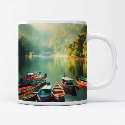 Colorful Boats on Misty Mountain Lake