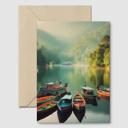Colorful Boats on Misty Mountain Lake