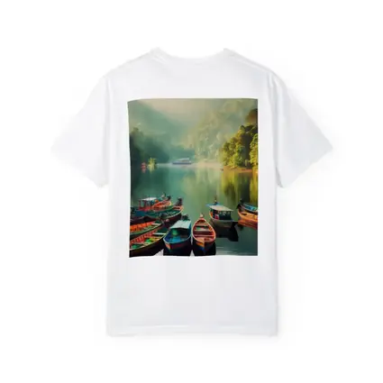 Colorful Boats on Misty Mountain Lake