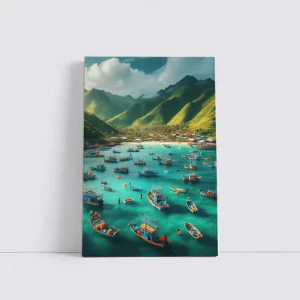Fishing Boats Turquoise Bay Green Mountains