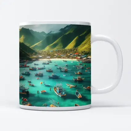 Fishing Boats Turquoise Bay Green Mountains