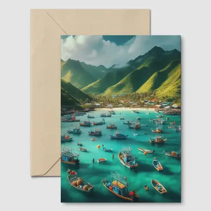 Fishing Boats Turquoise Bay Green Mountains