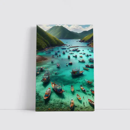 Colorful Fishing Boats Turquoise Bay Green Mountains