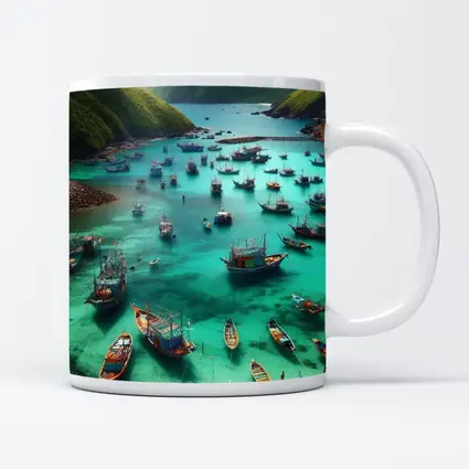 Colorful Fishing Boats Turquoise Bay Green Mountains