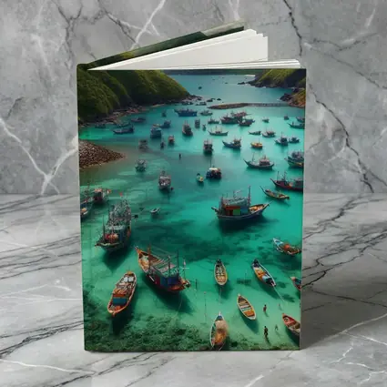 Colorful Fishing Boats Turquoise Bay Green Mountains