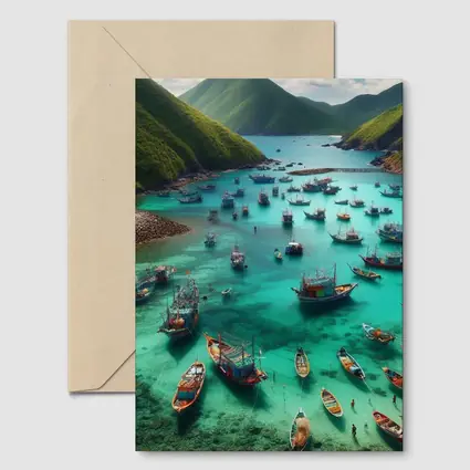 Colorful Fishing Boats Turquoise Bay Green Mountains