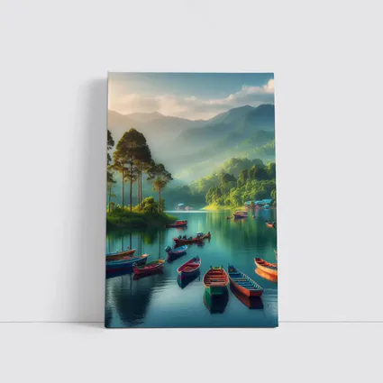 Colorful Boats on Calm Mountain Lake