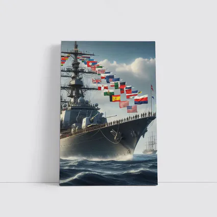 Navy Warship Sailing Ocean With International Flags