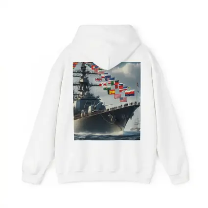Navy Warship Sailing Ocean With International Flags